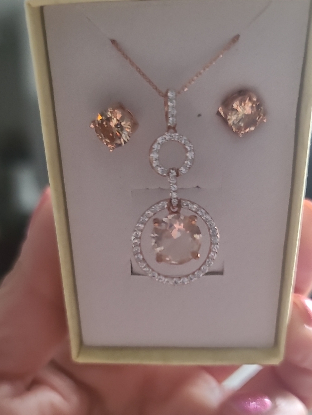Rose Gold Plated 925 Morganite Halo Pendant and Stud Earrings Set